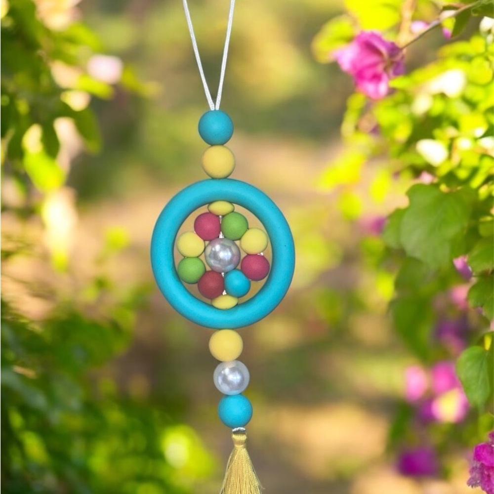 Handmade Blue and Yellow Car Charm with Beaded Pendant